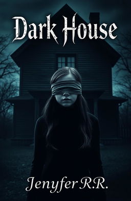 A mysterious girl with blindfolded eyes standing in front of a dark, eerie house