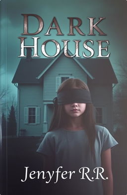 A mysterious girl with blindfolded eyes standing in front of a dark, eerie house