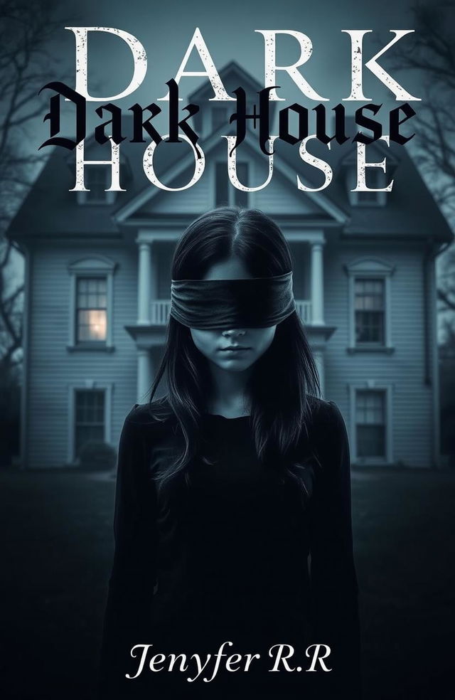 A mysterious girl with blindfolded eyes standing in front of a dark, eerie house