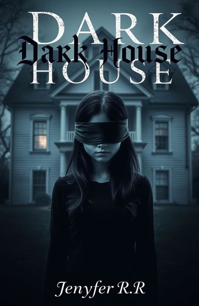 A mysterious girl with blindfolded eyes standing in front of a dark, eerie house