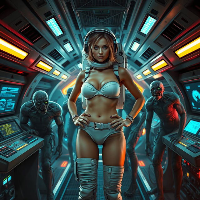 An adventurous female astronaut wearing a strapless bikini, confidently positioned inside a futuristic spaceship deck