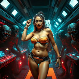 An adventurous female astronaut wearing a strapless bikini, confidently positioned inside a futuristic spaceship deck