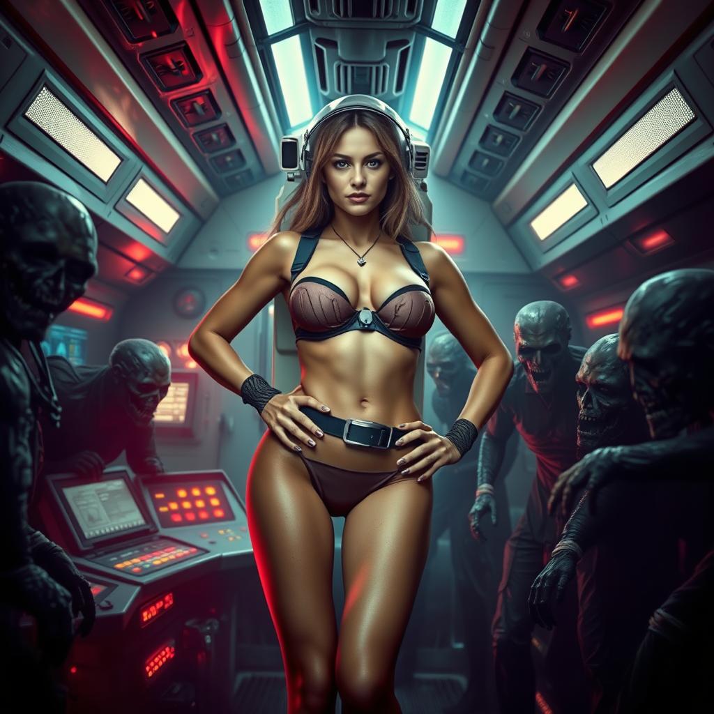 An adventurous female astronaut wearing a strapless bikini, confidently positioned inside a futuristic spaceship deck