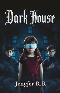 A girl with her eyes blindfolded stands in front of a dark house, flanked by two boys