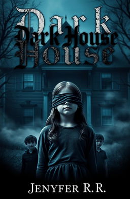 A girl with her eyes blindfolded stands in front of a dark house, flanked by two boys