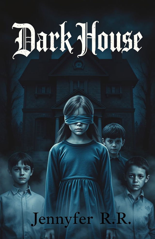 A girl with her eyes blindfolded stands in front of a dark house, flanked by two boys