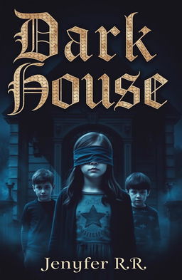 A girl with her eyes blindfolded stands in front of a dark house, flanked by two boys