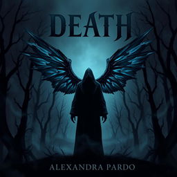 A dark and mysterious fantasy illustration featuring a hooded figure standing in a shadowy dead forest, adorned with striking black bluish wings extending from its back
