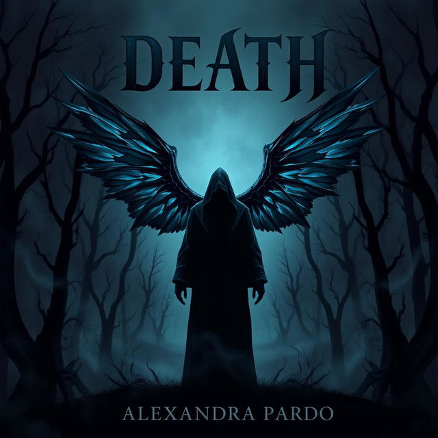 A dark and mysterious fantasy illustration featuring a hooded figure standing in a shadowy dead forest, adorned with striking black bluish wings extending from its back