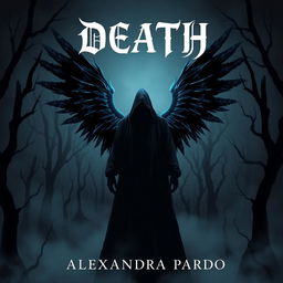 A dark and mysterious fantasy illustration featuring a hooded figure standing in a shadowy dead forest, adorned with striking black bluish wings extending from its back