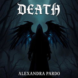 A dark and mysterious fantasy illustration featuring a hooded figure standing in a shadowy dead forest, adorned with striking black bluish wings extending from its back