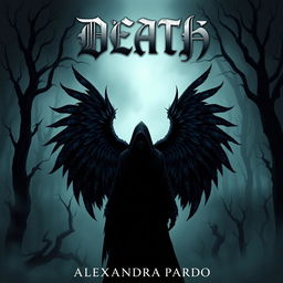 A dark and mysterious fantasy illustration featuring a hooded figure standing in a shadowy dead forest, adorned with striking black bluish wings extending from its back