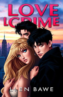A book cover for 'Love in Crime' featuring two boys with black hair and brown/black eyes and one boy with blonde hair and blue eyes