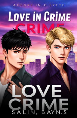 A book cover for 'Love in Crime' featuring two boys with black hair and brown/black eyes and one boy with blonde hair and blue eyes