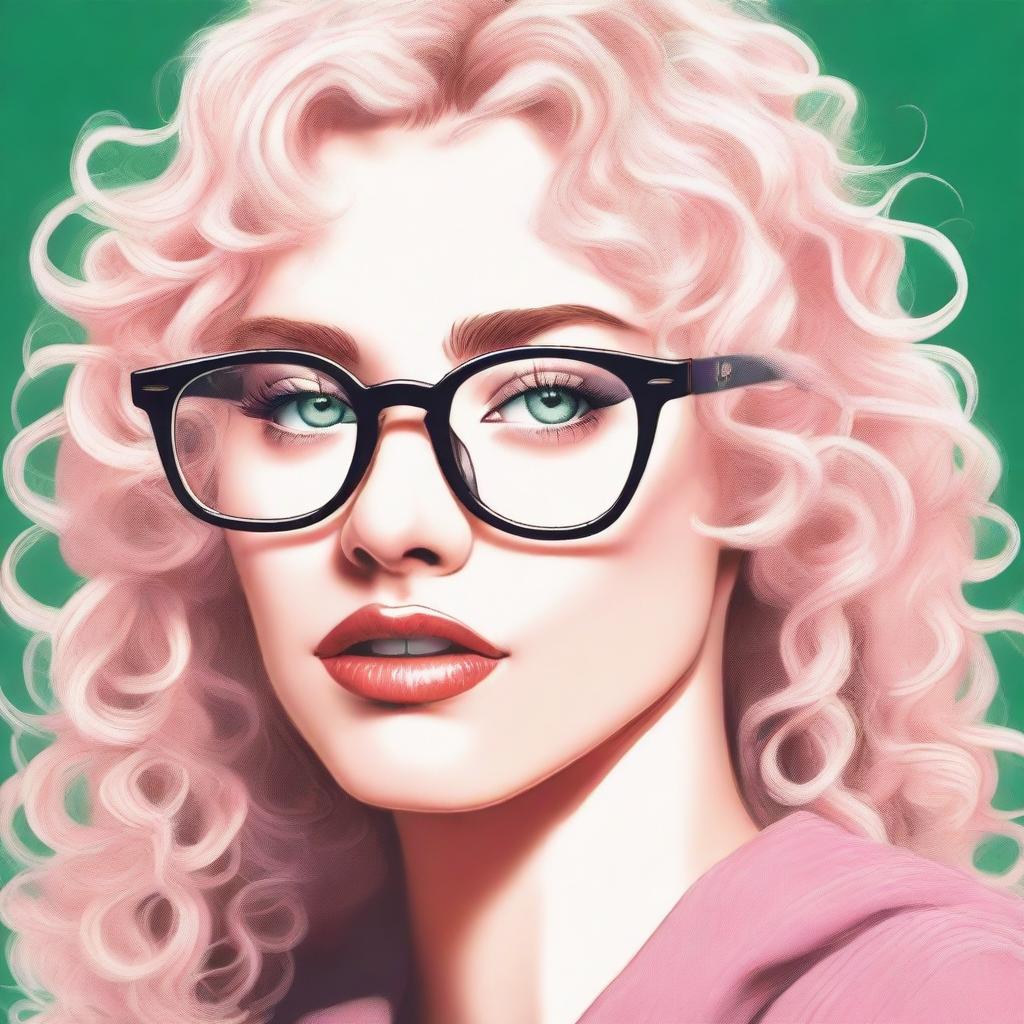 A beautiful girl with glasses, blond white hair, plump pink lips, and green eyes gazes at a tall male with curly hair and blue eyes