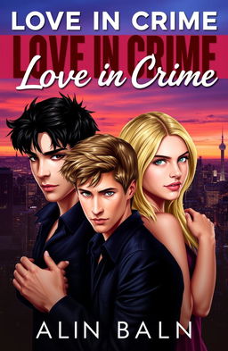 A book cover for 'Love in Crime' featuring two boys with black hair and brown/black eyes and one boy with blonde hair and blue eyes