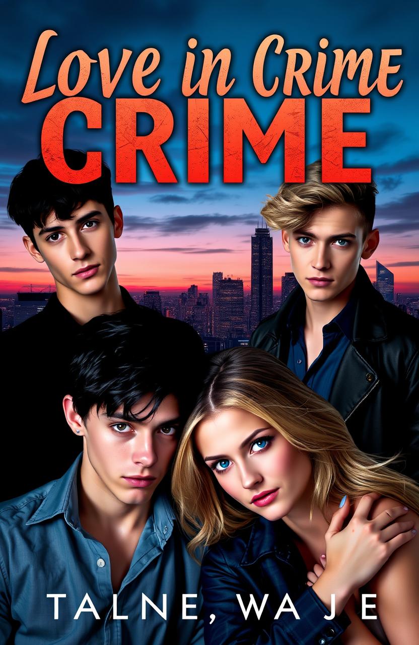 A book cover for 'Love in Crime' featuring two boys with black hair and brown/black eyes and one boy with blonde hair and blue eyes