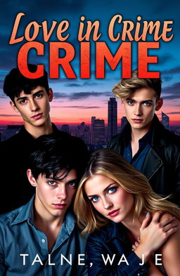 A book cover for 'Love in Crime' featuring two boys with black hair and brown/black eyes and one boy with blonde hair and blue eyes