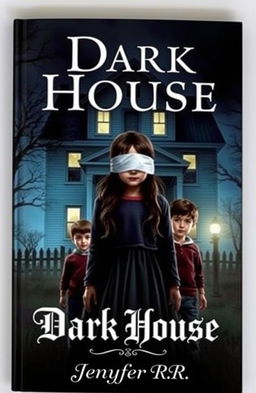 A mysterious girl with blindfolded eyes stands in front of an eerie house, surrounded by two boys who appear protective yet curious