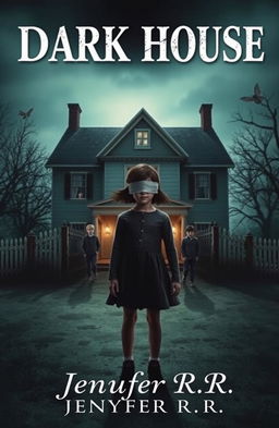 A mysterious girl with blindfolded eyes stands in front of an eerie house, surrounded by two boys who appear protective yet curious