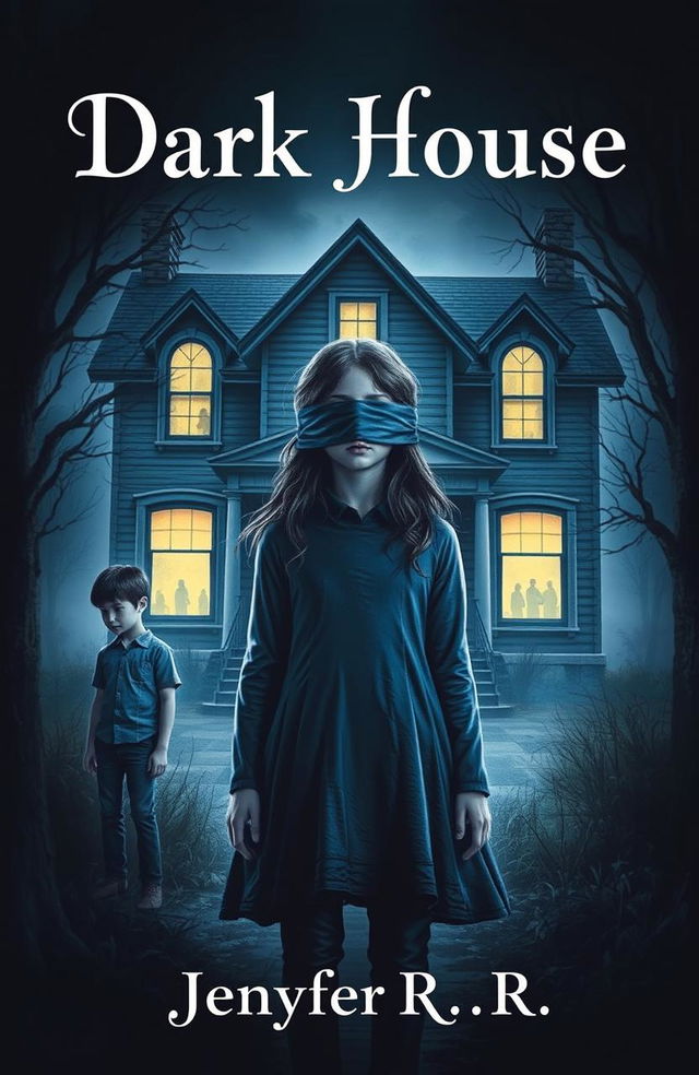 A mysterious girl with blindfolded eyes stands in front of an eerie house, surrounded by two boys who appear protective yet curious