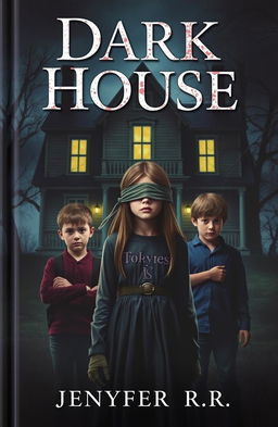 A mysterious girl with blindfolded eyes stands in front of an eerie house, surrounded by two boys who appear protective yet curious