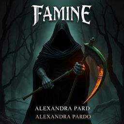 A dark and mysterious fantasy illustration featuring a hooded figure standing in a shadowy dead forest, gripping a glowing bronze scales in one hand and a green scythe in the other