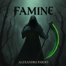 A dark and mysterious fantasy illustration featuring a hooded figure standing in a shadowy dead forest, gripping a glowing bronze scales in one hand and a green scythe in the other