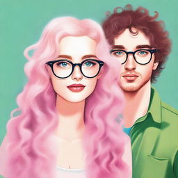 A beautiful girl with glasses, blond white hair, plump pink lips, and green eyes gazes at a tall male with curly hair and blue eyes