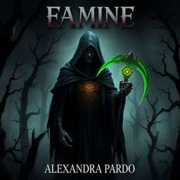 A dark and mysterious fantasy illustration featuring a hooded figure standing in a shadowy dead forest, gripping a glowing bronze scales in one hand and a green scythe in the other