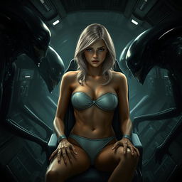 A poignant scene featuring a sad blonde female astronaut dressed in a strapless bikini, seated alone inside a futuristic spaceship