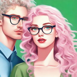 A beautiful girl with glasses, blond white hair, plump pink lips, and green eyes gazes at a tall male with curly hair and blue eyes