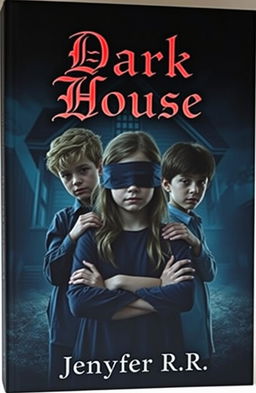 A visually captivating book cover featuring a girl with blindfolded eyes, standing closely with two boys
