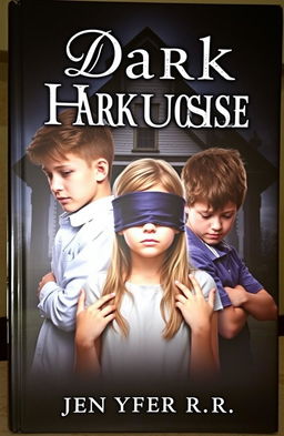 A visually captivating book cover featuring a girl with blindfolded eyes, standing closely with two boys