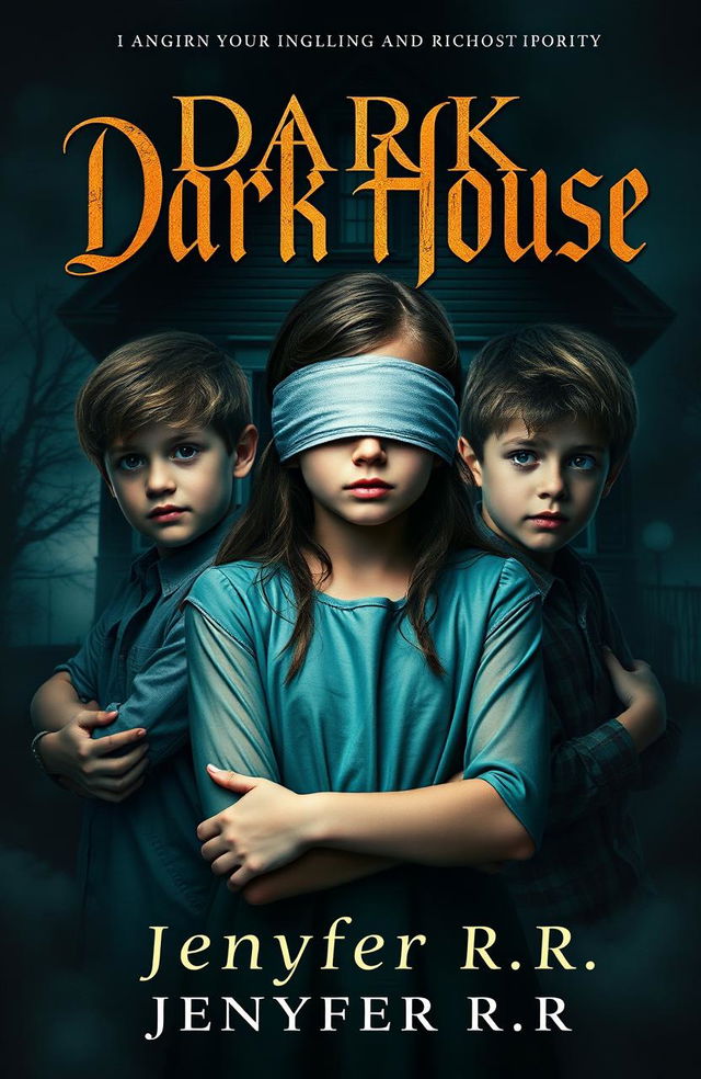 A visually captivating book cover featuring a girl with blindfolded eyes, standing closely with two boys