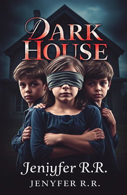 A visually captivating book cover featuring a girl with blindfolded eyes, standing closely with two boys