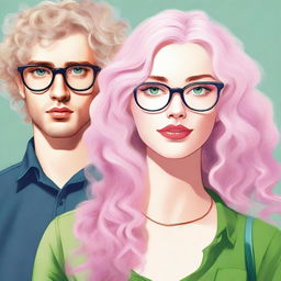 A beautiful girl with glasses, blond white hair, plump pink lips, and green eyes gazes at a tall male with curly hair and blue eyes