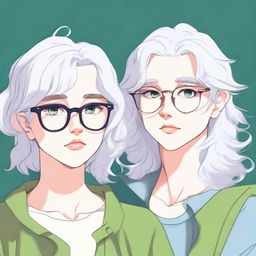 An attractive girl with white hair, glasses, plump lips, and green eyes stares at a tall guy with curly hair, a cute baby-like face, and blue eyes