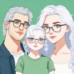 An attractive girl with white hair, glasses, plump lips, and green eyes stares at a tall guy with curly hair, a cute baby-like face, and blue eyes