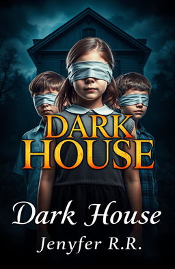 A girl with blindfolded eyes is standing between two boys, capturing a moment of mystery and intrigue