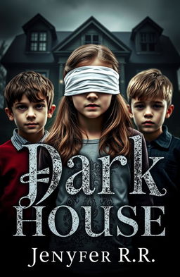 A girl with blindfolded eyes is standing between two boys, capturing a moment of mystery and intrigue