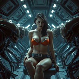 A striking scene featuring a sad brunette female astronaut in a strapless bikini, emphasizing her big breasts and sexy legs, seated alone inside a futuristic spaceship
