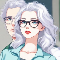 An attractive girl with white hair, glasses, plump lips, and green eyes stares at a tall guy with curly hair, a cute baby-like face, and blue eyes