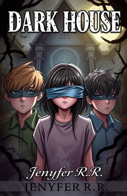 A captivating illustration featuring a girl with her eyes blindfolded, positioned between two boys, creating a sense of mystery and intrigue