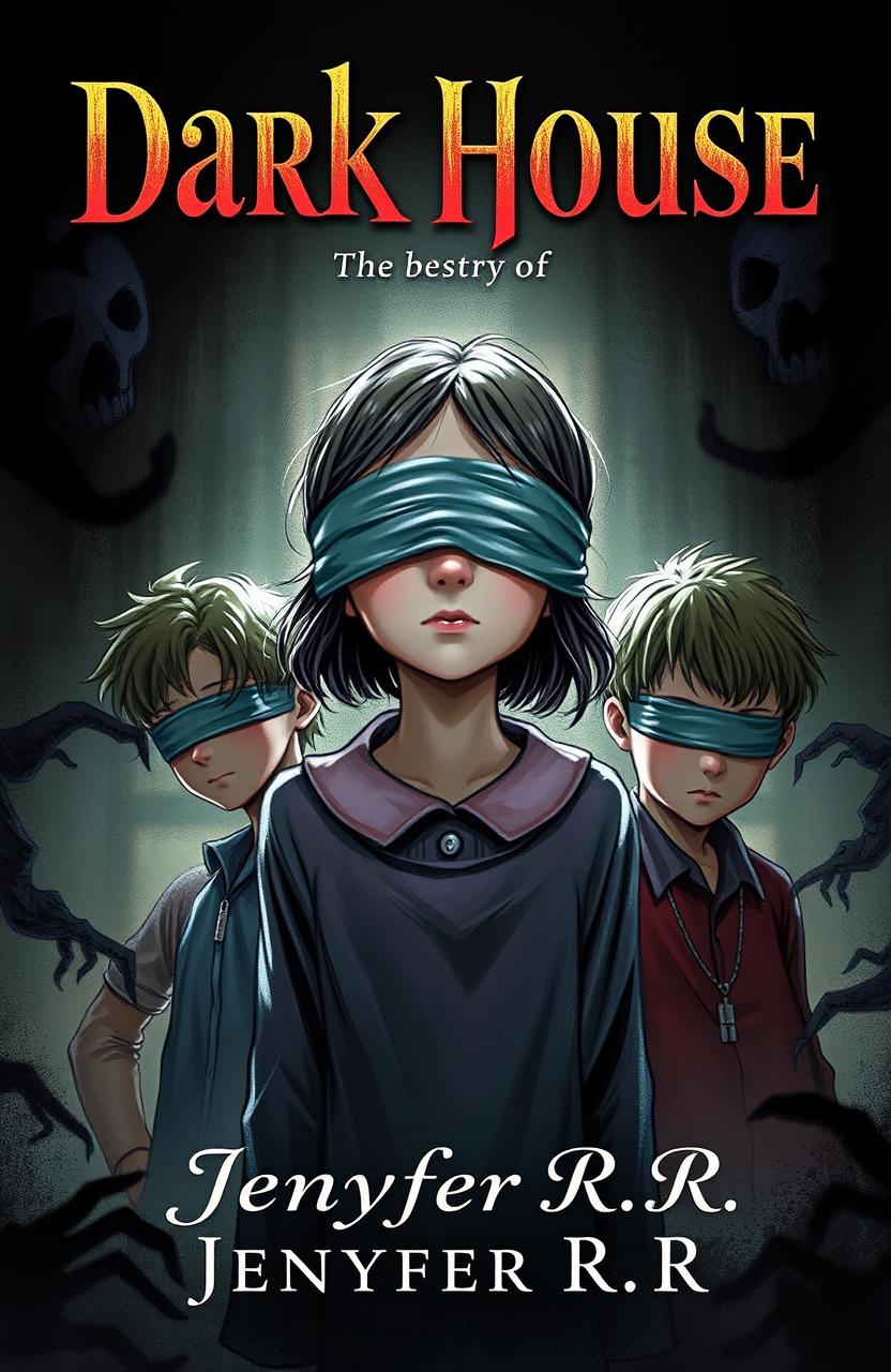 A captivating illustration featuring a girl with her eyes blindfolded, positioned between two boys, creating a sense of mystery and intrigue