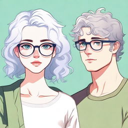 An attractive girl with white hair, glasses, plump lips, and green eyes stares at a tall guy with curly hair, a cute baby-like face, and blue eyes