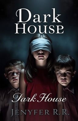 A mysterious scene featuring a girl with her eyes blindfolded, standing between two boys