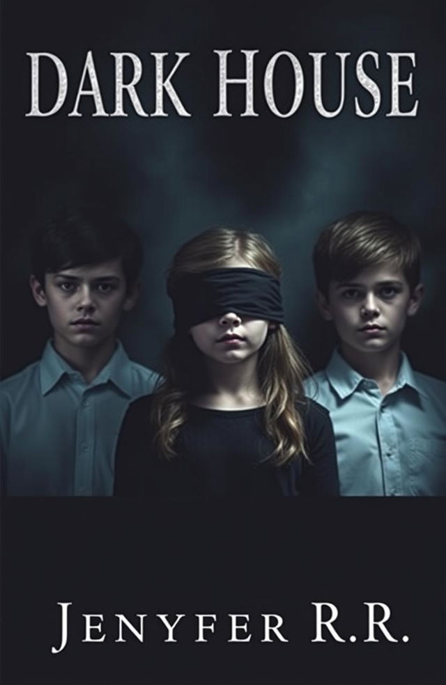 A mysterious scene featuring a girl with her eyes blindfolded, standing between two boys