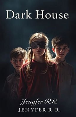 A mysterious scene featuring a girl with her eyes blindfolded, standing between two boys