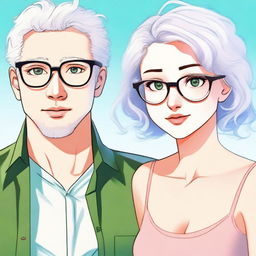 A captivating girl with glasses, white hair, plump lips and green eyes is looking at a tall guy